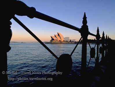 Sydney Opera House at Dusk, from an interesting perspective. © Michel - Photos.TravelNotes.org Sydney Opera House at Dusk - Click Here to Buy The Photo