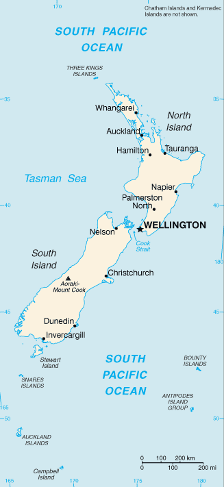 Map of New Zealand.