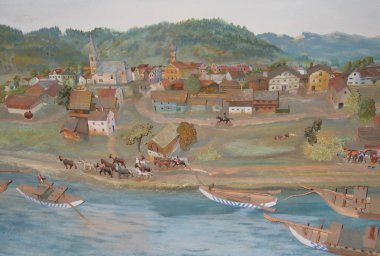 Early painting of Marktl village -- in the Heimat Museum.