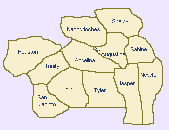 Map of Counties in the Deep East Texas Region of Texas.